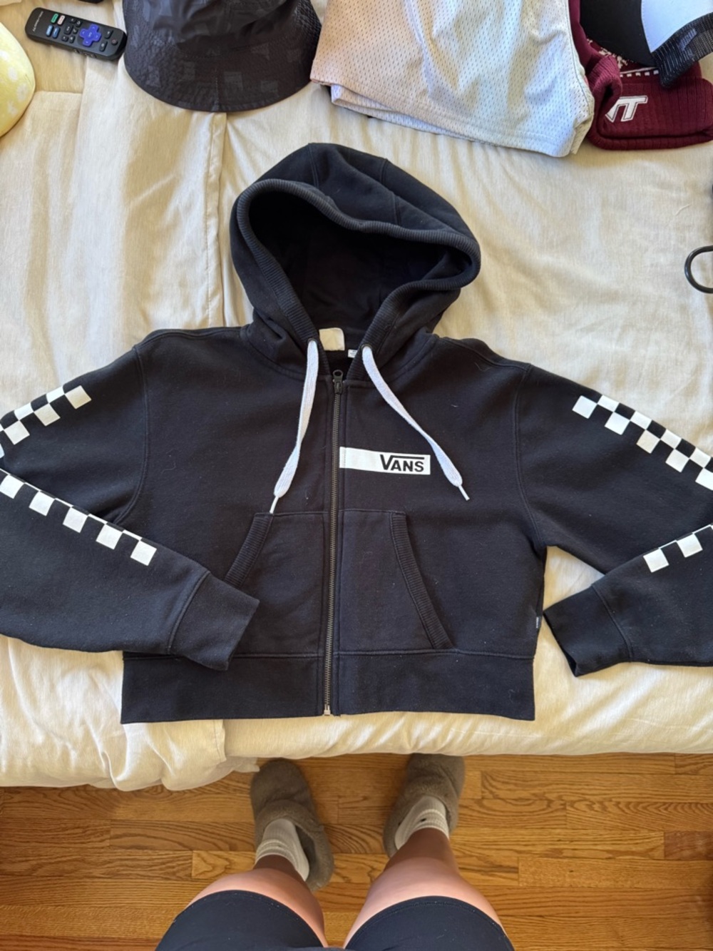 Vans Black Hoodie with White Checkerboard Sleeves